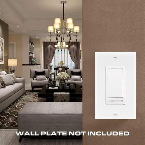 3-Way White Dimmer Switch For LED Lights, Single Pole Rocker And Slide Dimmer, shown without wall plate in modern living room