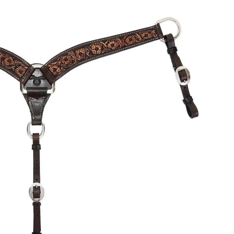 Western Contour Breast Collar Featuring Vintage Finish And Floral Hand Tooling Crafted From Top Shelf Double Ply Leather On Stainless Steel Hardware for horses