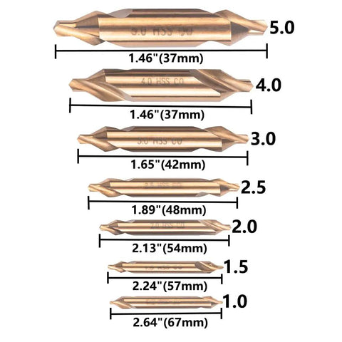 Seven Piece Cobalt Center Drill Bits Set With M35 Pro Grade High Speed Steel 60 Degree Center Drill Bits Kit sizes 1.0 to 5.0