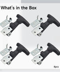 Four Pack Rubber T Handle Draw Latches With Vibration Dampening 2.3 By 1.4 Inch Anti Rust Carbon Steel Hasp Locks displayed in box