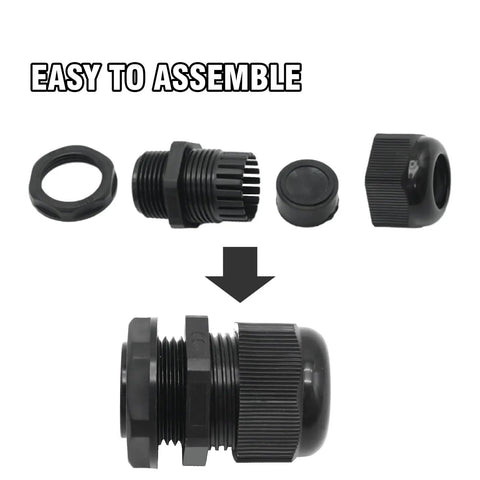 Exploded view of Ten Pack 1 Inch NPT Nylon Cable Gland IP68 Waterproof Adjustable Cable Gland For Junction Boxes And Panel Wiring 17 To 25mm Connector Glands For Watertight Seals showing assembly components.