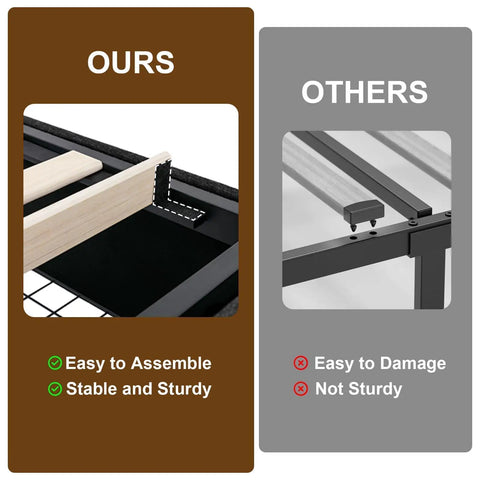 Comparison image of assembly methods for the Slick Upholstered Queen Bed Frame With Four Heavy Duty Storage Drawers.
