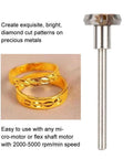 Sturdy Multi-Angle Jewelry Cutting Tool for Engraving and Shank Flywheel Work next to gold rings with cut patterns.