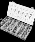 150 Pcs R Clip Cotter Pin Set With 6 Sizes In Plastic Box For Automotive Mechanics Tractor Hitch Pin Hairpin Fastener Car Truck Lawn Mower Repair And Heavy Duty Quick Secure Pins visible in open plastic box with divided compartments.