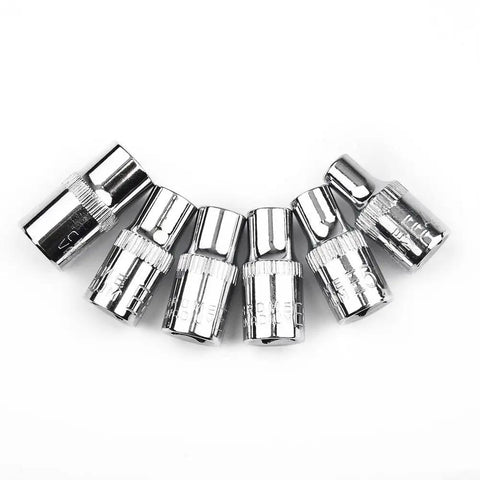 Must-Have 6 Piece E Socket Set For Auto Repair. Tough Heat Treated Steel Bits Covering E4 To E10 Star Female Bolt Removal! six chrome sockets on white