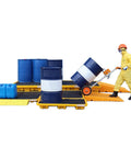 Worker using Oil Drum Spill Pallet With Nestable Leak Proof Tray Yellow Designed For No Spill Containment in warehouse