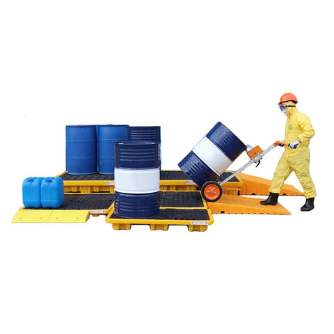 Spill Containment Pallet For Oil Drums Nestable Leak Proof Tray Yellow Heavy Duty Garage Storage Solution with worker using trolley