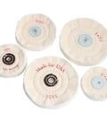 Top Tier Cotton Polishing Wheels Ten Piece Bundle Assorted Sizes Smaller Arbor Holes Compatible With Grinders Jewelry Wood Metal For Killer Slick Mirror Shine - variety of five cotton polishing wheels with different sizes and arbors
