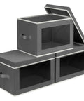 Dark Grey 3 Pack Fabric Storage Bins With Lid And Peek Window Collapsible Closet Organizers stacked with clear view panels