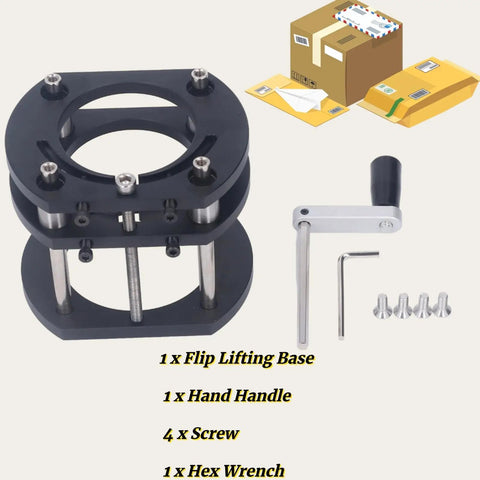 Heavy Duty Router Lift System With Four Jaw Chuck For Hassle Free Height Adjustments And Rock Solid Router Table Inserts crafted from aluminum and steel.