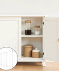 Premium Tough As Nails Stainless Steel Cabinet Door Stops And Hinge Limiters with jars and containers in a white cupboard.