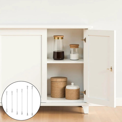 Premium Tough As Nails Stainless Steel Cabinet Door Stops And Hinge Limiters with jars and containers in a white cupboard.
