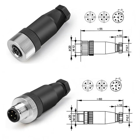 Diagram and photo of M12 4 Pin A Code Straight Circular Sensor Aviation Connector Kit Waterproof IP67 Unshielded 4A 250V