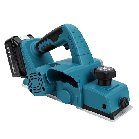 Heavy Duty Cordless Hand Planer With A Beefy 15000 RPM Brushless Motor, Slick Two Millimeter Cut Depth, And Tough Carbide Blades, side view.