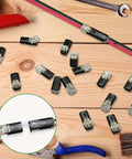 50/100/150 Pack Quick Clip Fasteners No Drill Snap On Connectors scattered on wooden surface with tools in background.