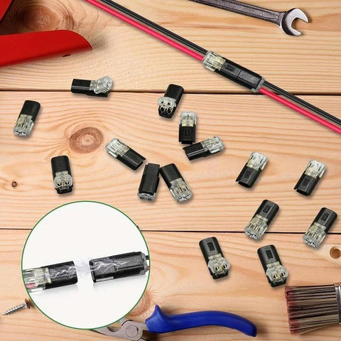 50/100/150 Pack Quick Clip Fasteners No Drill Snap On Connectors scattered on wooden surface with tools in background.