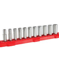 Metric Three Eighths Inch Drive Six Point Socket Set, Eleven Piece With Deep Sockets, Chrome Finish, on red holder