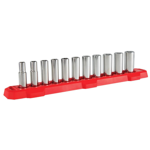 Metric Three Eighths Inch Drive Six Point Socket Set, Eleven Piece With Deep Sockets, Chrome Finish, on red holder