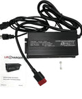 Plug And Play 24V 15 Amp Automatic Battery Charger with Anderson SB50 Red Connector and user guide, ideal for industrial use.