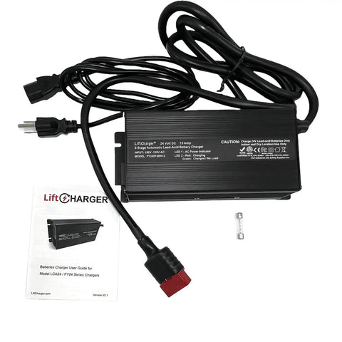 Plug And Play 24V 15 Amp Automatic Battery Charger with Anderson SB50 Red Connector and user guide, ideal for industrial use.