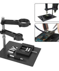 2 In 1 Hot Air Rework Stand With 65mm And 40mm Clamp, PCB Board Holder, Vertical SMD Clip, Pro-Grade Adjustable Height Via Fixing Bolt, Sturdy Metal Desoldering And BGA Rework Reballing Station For DIY Projects, showing close-up of clamps and PCB board holder in use