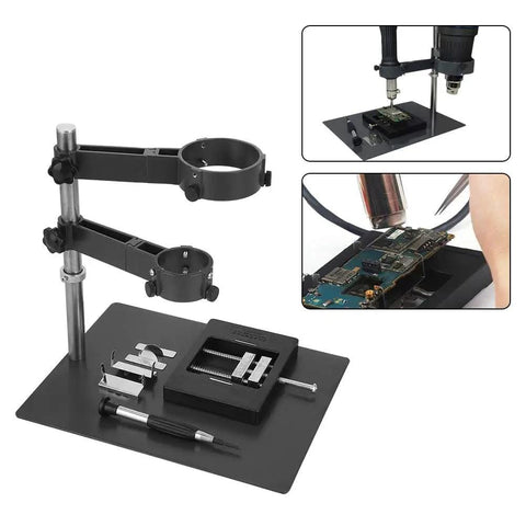 2 In 1 Hot Air Rework Stand With 65mm And 40mm Clamp, PCB Board Holder, Vertical SMD Clip, Pro-Grade Adjustable Height Via Fixing Bolt, Sturdy Metal Desoldering And BGA Rework Reballing Station For DIY Projects, showing close-up of clamps and PCB board holder in use
