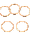 Top view of five copper M24 sealing washers, 24mm ID, 30mm OD, 1.5mm thick