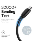 Close-up of 100W USB C car charger cable with durability test label, showing bending resilience and cable length of 1.8 meters.