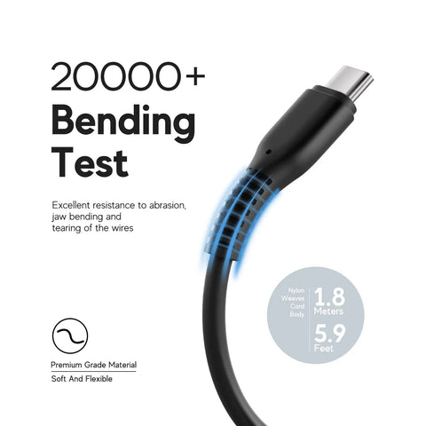 Close-up of 100W USB C car charger cable with durability test label, showing bending resilience and cable length of 1.8 meters.