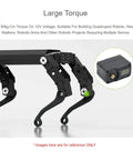 Beefy 30Kg Torque Servo Motor With Metal Gear ST3215 powering quadruped robot leg with motor inset showing programmable 360° encoder.