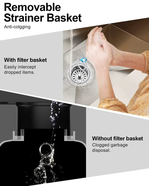 Extended Garbage Disposal Flange Basket Strainer Stopper capturing waste in 304 stainless steel sink drain with brushed finish