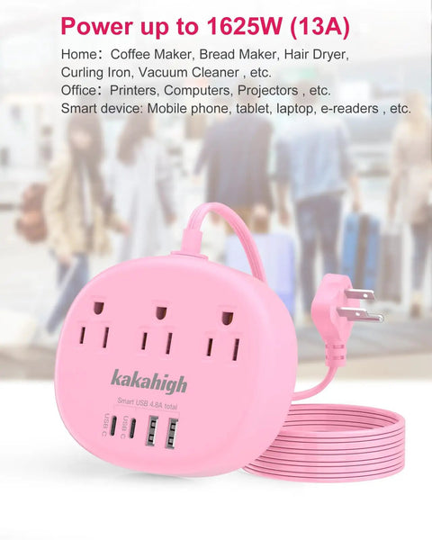 Pink Extension Cord 10 Foot Flat Power Strip With Two USB C Ports 24W Total Output Smart Charging Technology 5V 2.4A Per Port Ideal For Apple Devices Dorm Office Or Home Use, 3-outlet pink power strip