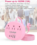 Total Game Winning Pink Extension Cord With Usb C Power Strip Five Foot Smart Charging Hub and Multiport Surge Protector. 3 AC outlets, USB ports.