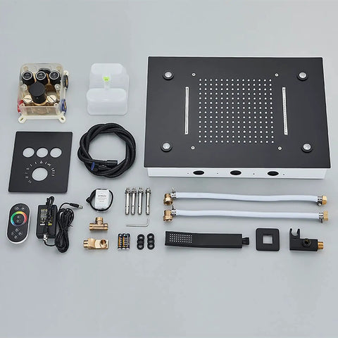 Straight Fire Black Shower System With Switchable Led Color Changing Lights And Wide Spray Rain Head Paired With Nifty Handheld Sprayer For Dang Smooth Diverter Valve Bathroom Flex parts layout including controls and hoses.