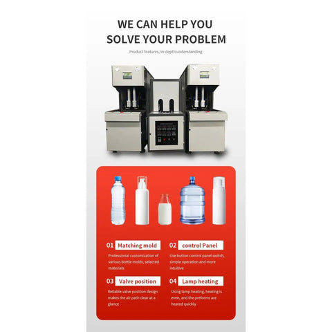 Semi Automatic Blow Molding Machine For Pet Bottle Manufacturing, showing dual machines with control panel for efficient operation.