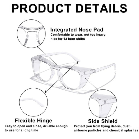 2 Pack Woman Safety Glasses Stand Guard Against Dust And Blue Light With Anti Fog Side Shields Pink Clear Frames Kick Glare While You Grind At Computer Desk UV400, showcasing integrated nose pad and flexible hinge.