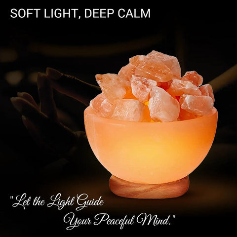 Natural Salt Lamp With Massage Bowl Design, Crystal Salt Chunks, Dimmer Cord, Classic Wood Base, Creates Cozy Vibe For Bedroom