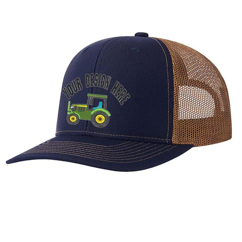 Western Farm Tractor Trucker Hat With Embroidered Design Custom Text Adjustable Mesh Back Cap Navy Brown Front View