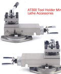 AT300 mini lathe tool post assembly, metal tool rest with quick-change clamps; two units shown.