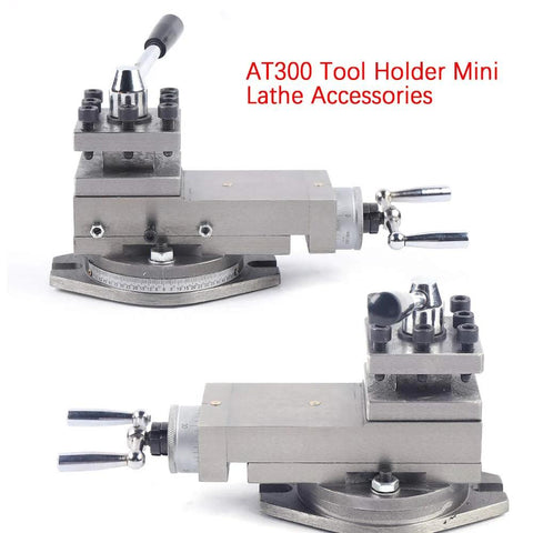 AT300 mini lathe tool post assembly, metal tool rest with quick-change clamps; two units shown.