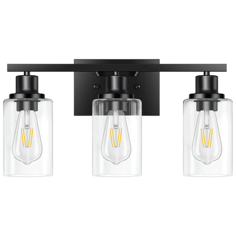 Three Light Matte Black Vanity Fixture For Bathroom Over Mirror And Hallway Wall Lights, modern industrial design, clear glass shades.