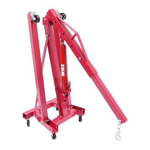 Tough as Nails Hydraulic Engine Hoist 1 Ton Cherry Picker Shop Crane with Smooth Rolling Wheels in red color.
