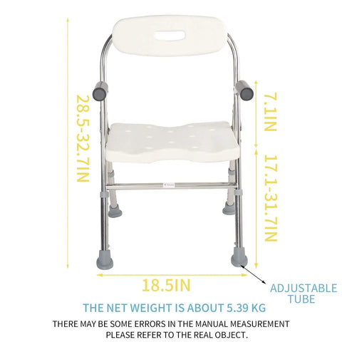Easy Fold Shower Chair For Seniors And Disabled, Adjustable Height Bath Seat with Grab Handle, height and width dimensions