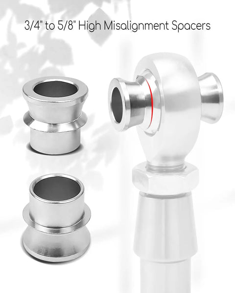 Three Quarter To Five Eighth Inch High Misalignment Spacers Kit For Rod End Joints, Four Piece Set To Boost Articulation, Height Adjustment, And Flexible Alignment For Auto, Off Road, And Motorcycle Suspensions. 3/4 to 5/8 in steel chrome-plated spacers