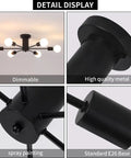 Detail display of Dope Black Modern Sputnik Ceiling Light Fixture 6 Light Chandelier, Semi Flush Mount for dining room, kitchen, bedroom, and living room, E26 Socket Home Lighting with dimmable feature.