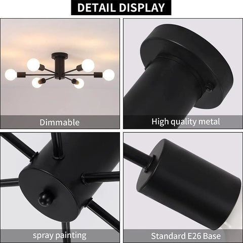 Detail display of Dope Black Modern Sputnik Ceiling Light Fixture 6 Light Chandelier, Semi Flush Mount for dining room, kitchen, bedroom, and living room, E26 Socket Home Lighting with dimmable feature.