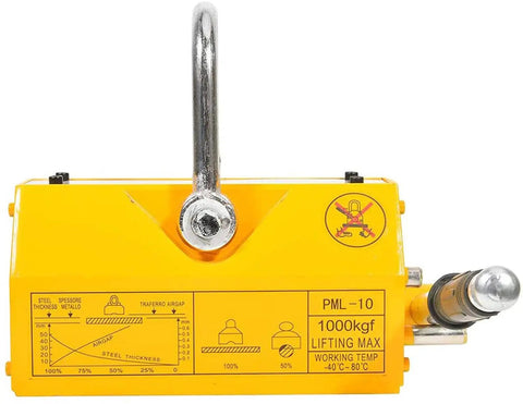 Hardcore Heavy Duty Magnetic Lifter With Sure Grip Release Handle And 2200 Lbs Capacity solid yellow lifter tool with hook and specifications.