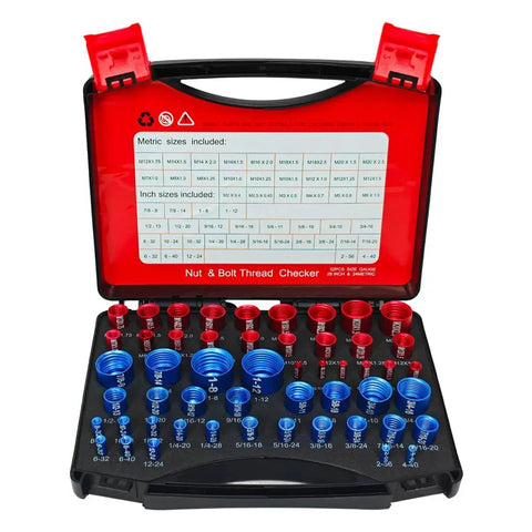 Nut And Bolt Thread Checker Kit With 28 Standard And 24 Metric Sizes In A Handy Box Set open display showing thread gauges.