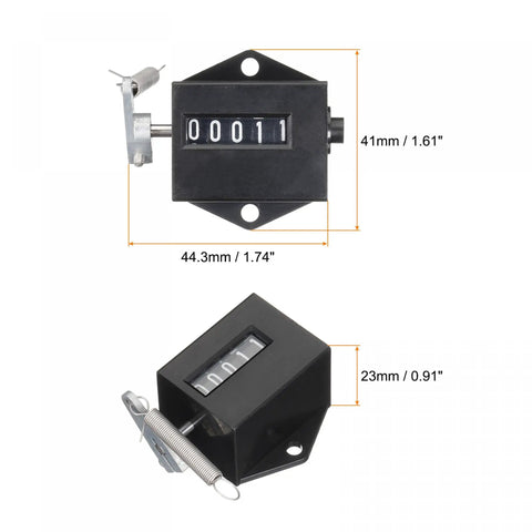 Manual Tally Counter With Spring, 5 Digit Hand Pull Counter shown with dimensions for easy count tracking, black metal build.