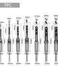 Heavy Duty HSS Twist Drill Bits Combined With Square Auger Mortising Chisel Woodworking Drill Tool Kit showing 7 various sizes, HSS material.
